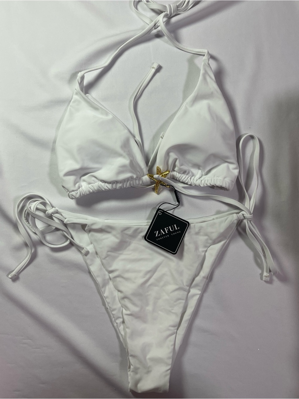 Zaful White Triangle Tie Bikini with Gold Starfish Accent